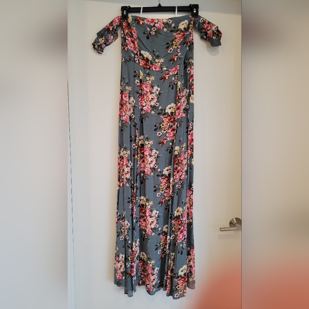 Lulu's Off the Shoulder Sage Green Maxi Dress High Slit Large